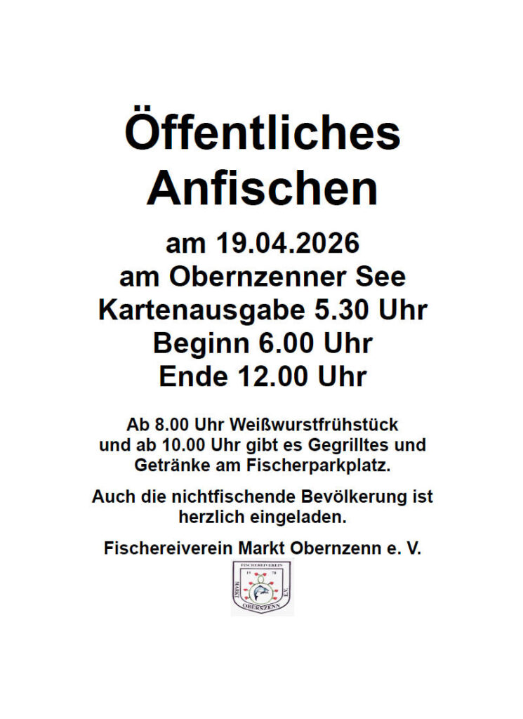 Öffentliches Anfischen am 19.04.26 am Obernzenner See